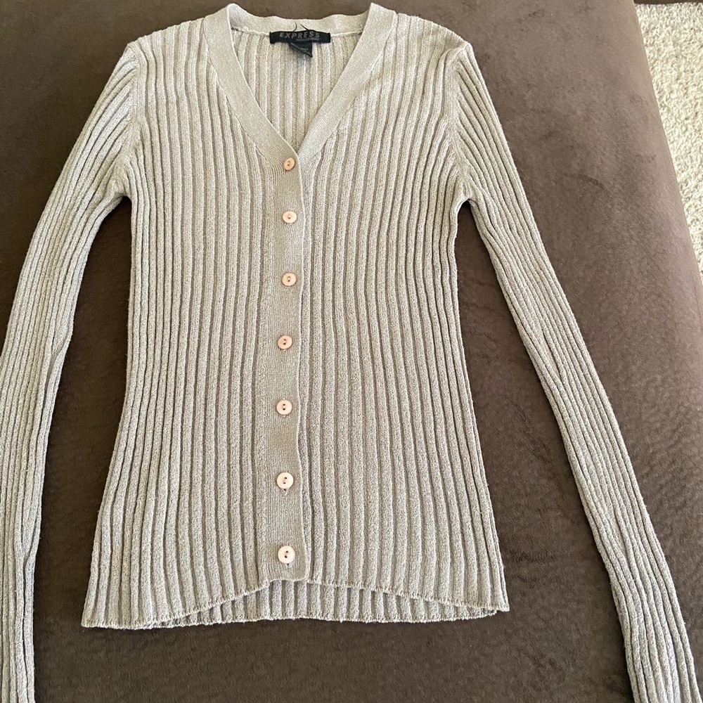 Express taupe V-neck button up fitted sweater size small
